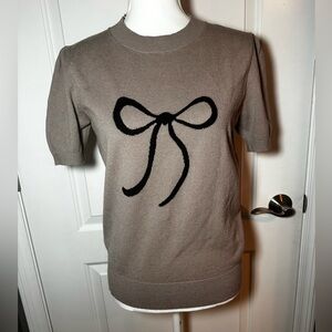 Arach & Cloz Taupe Bow Knit Short Sleeve Sweater Top